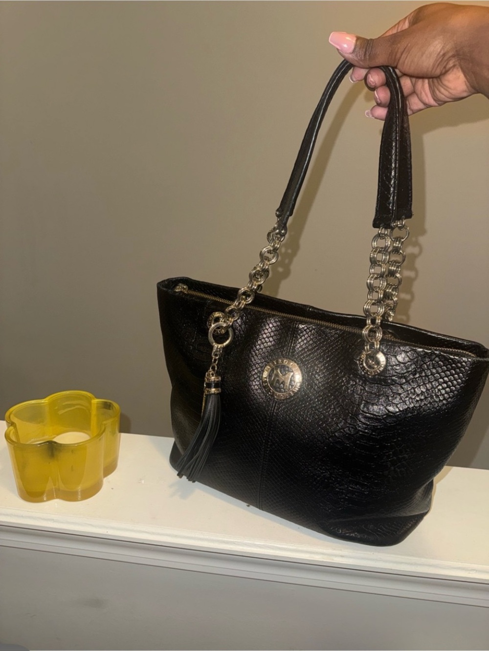 Metrocity Black Faux-Croc Tote Bag with Gold Chain Handles